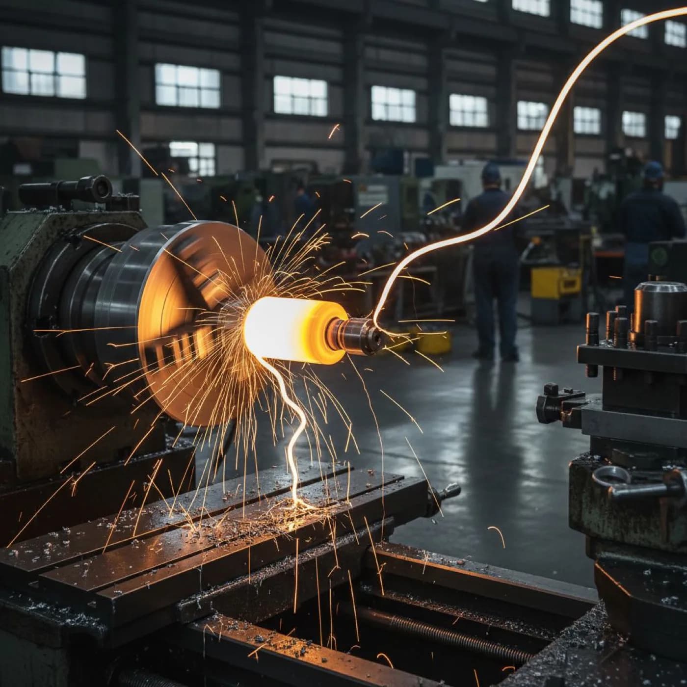Turning operation throwing sparks on the machine shop floor