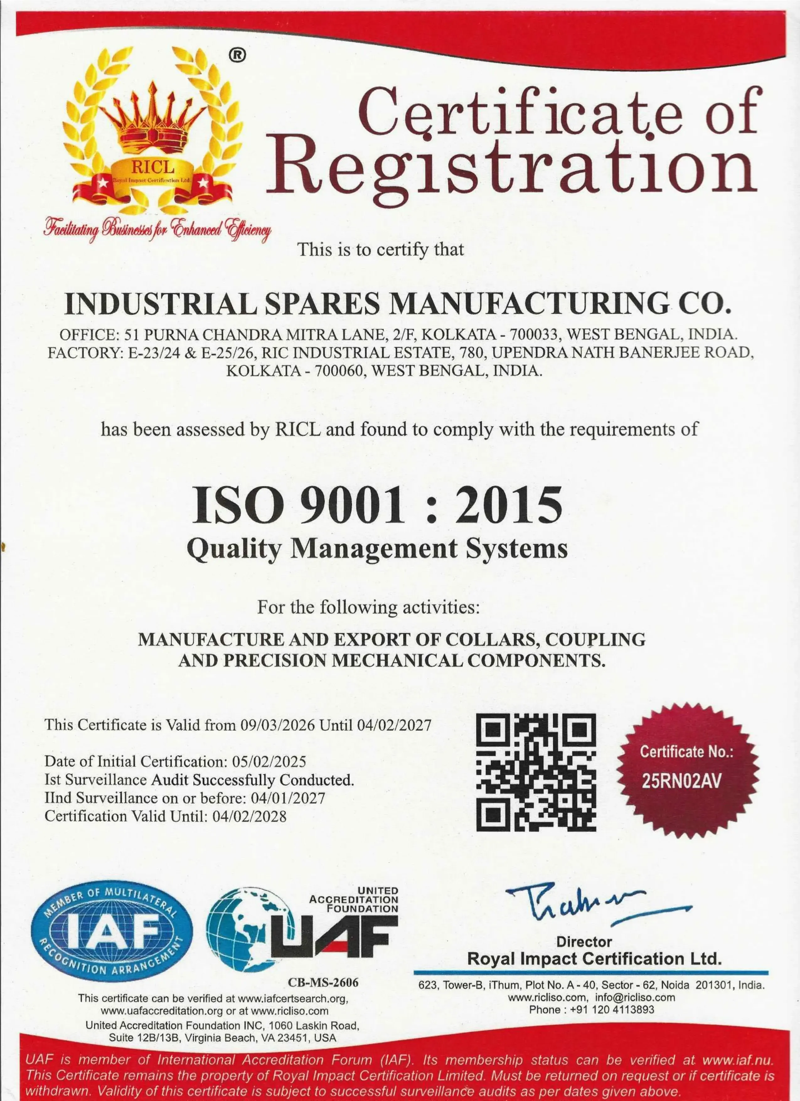 ISO 9001 certificate of registration for Industrial Spares Manufacturing Co.